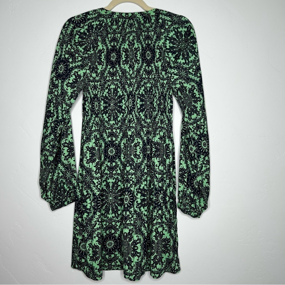 NWT LOFT Green Navy Long Sleeve Dress Knee Length Plisse Pleat Puff Sleeve Small - Picture 2 of 13